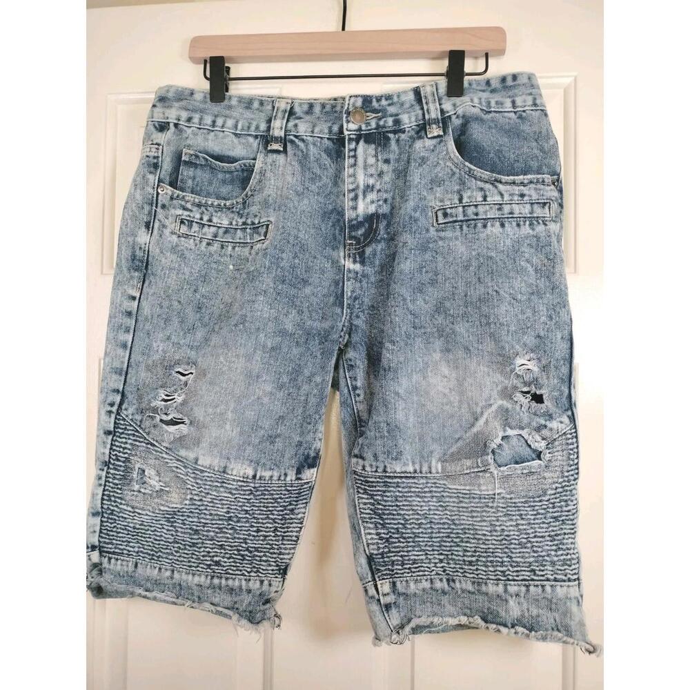 RSVP Black Premium Mens Moto Denim Shorts Blue Acid Wash Distressed Biker‎ Sz 34